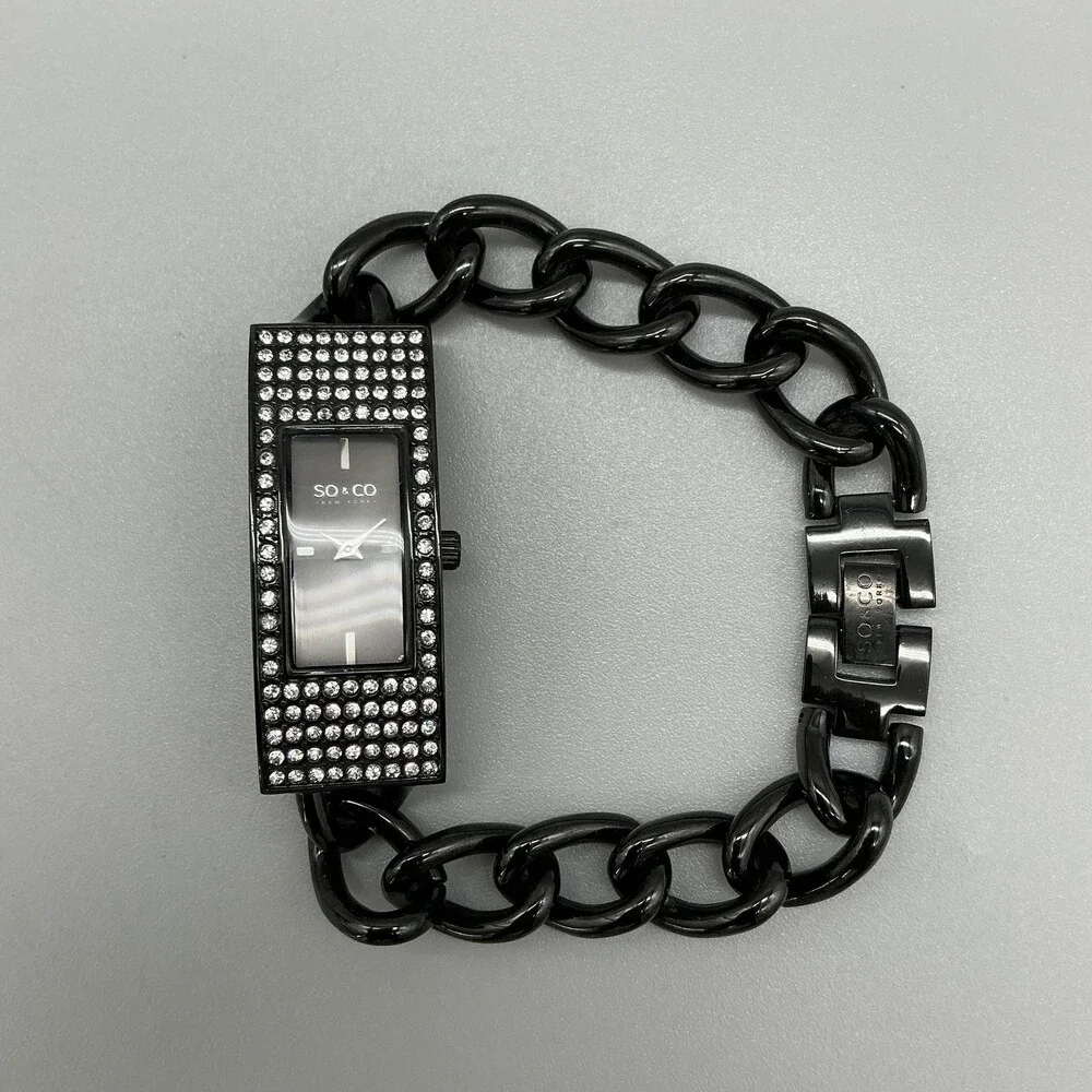 SO&CO Womens Watch 18mm Black Dial Crystal Bezel Chain Bracelet New Battery 7.5